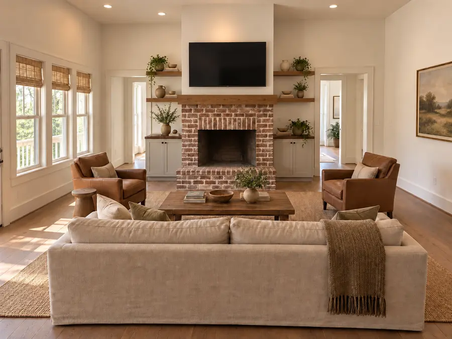 Living room with brick fireplace and built-in shelving in a Still Oak custom home